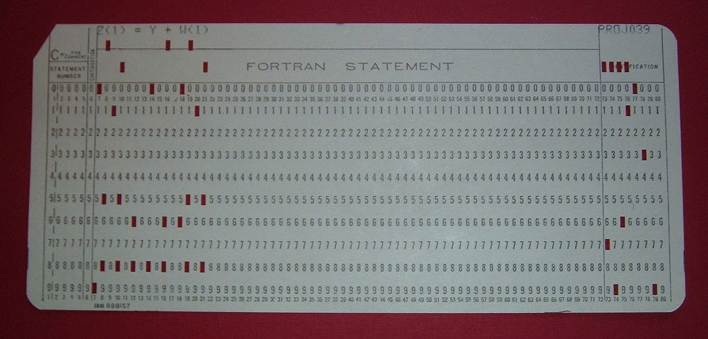 A punch card designed for a single line of Fortran code, including
spaces for comments, numbering statements, continuations, and code
up to column 72.